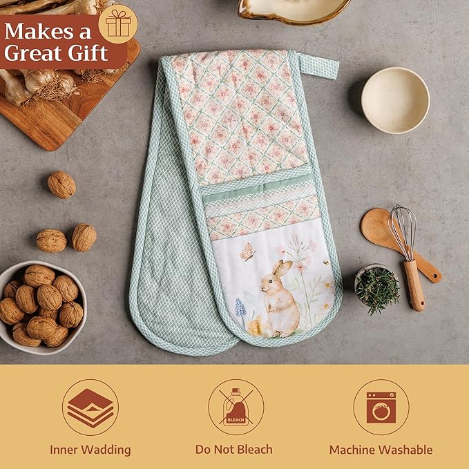 Maison d' Hermine Double Oven Mitts 100% Cotton 7"x35" Double Oven Mitt Heat Resistant BBQ Cooking Gloves with Loop Baking Grilling Gifts for Mothers Day Spring Summer (Easter Dew)