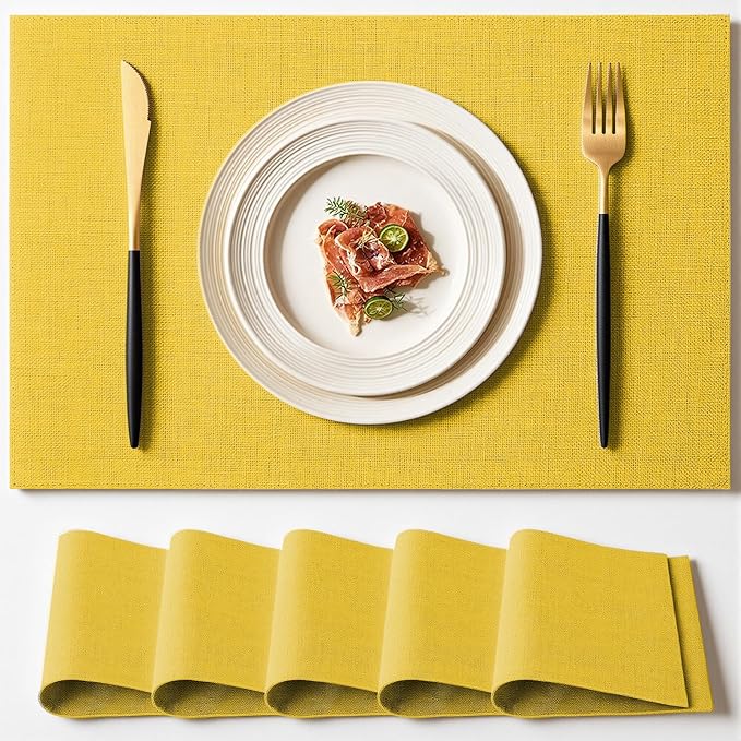 Placemats Set of 6 Linen Type Fabric Cloth Placemats, 18x12 Inch Double Layered Thick Wrinkle Free Heat Resistant Table Place, for Dining, Kitchen, Party (45 * 30cm, Yellow)