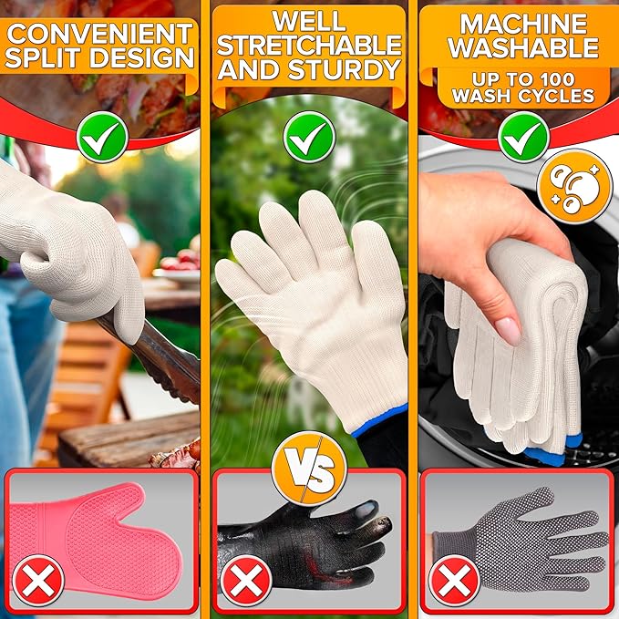 Heat Resistant Gloves for Cooking & Grilling – Aramid Oven Mitts Gloves with Fingers, Short-Term Hand Protection up to 932°F and Secure Grip for Baking, Fryer, and BBQ