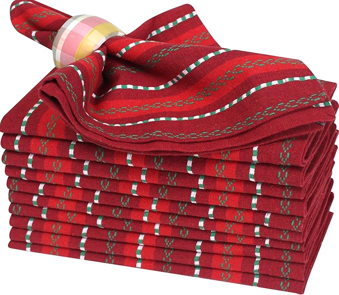 Bedding Craft Cotton Cloth Napkins Set of 12-18x18 Inch Machine Washable Dinner Napkins, Set of 12 Red Green Multi Salsa Stripe Napkins, Wedding Napkins, Cotton Cloth Napkins for Everyday Use