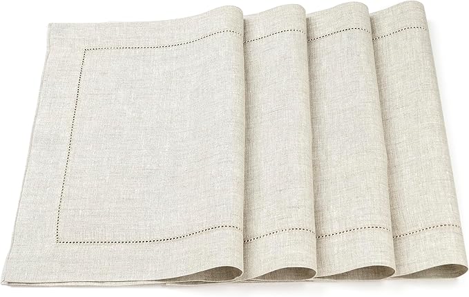 D'Moksha Homes Light Natural Linen Cloth Placemats Set of 4-100% Pure Linen Hemstitch Placemats 14 x 19 Inch - Classic Hemstitch Table Place Mats for Mothers Day - Machine Washable