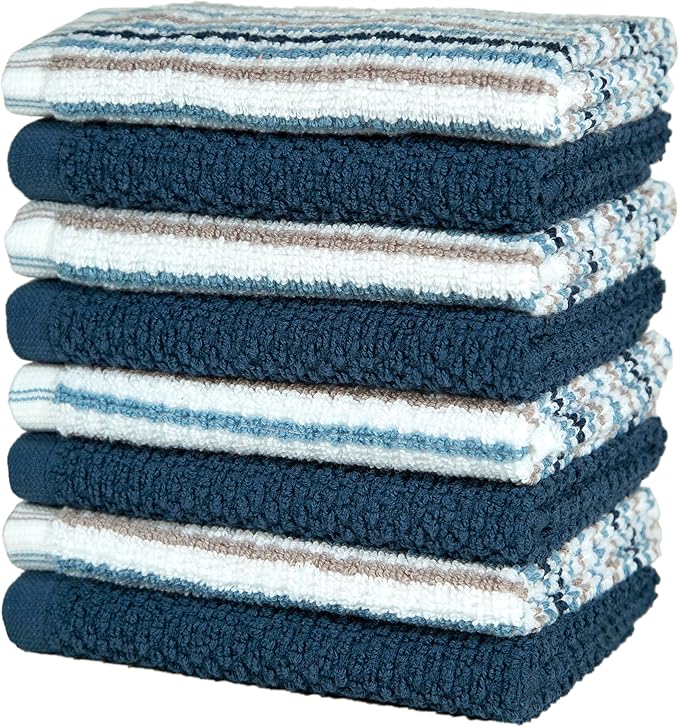 Bumble Premium Dish Cloths Towel 12"x12" | 100% Natural Ring Spun Cotton Tea Towel Set | 430 GSM | Highly Absorbent & Soft Dish Towels | 8 Pack - 4 Popcorn Striped & 4 Solid Kitchen Towels - Blue