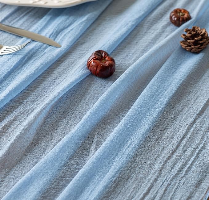 Keketoarrange 10pcs Light Blue Gauze Rustic Cheesecloth Table Runner 120 Inch 10 FT for Wedding Baby Shower Bridal Shower Birthday Engagement Garden Outdoor Party Long Sheer Boho Decorations