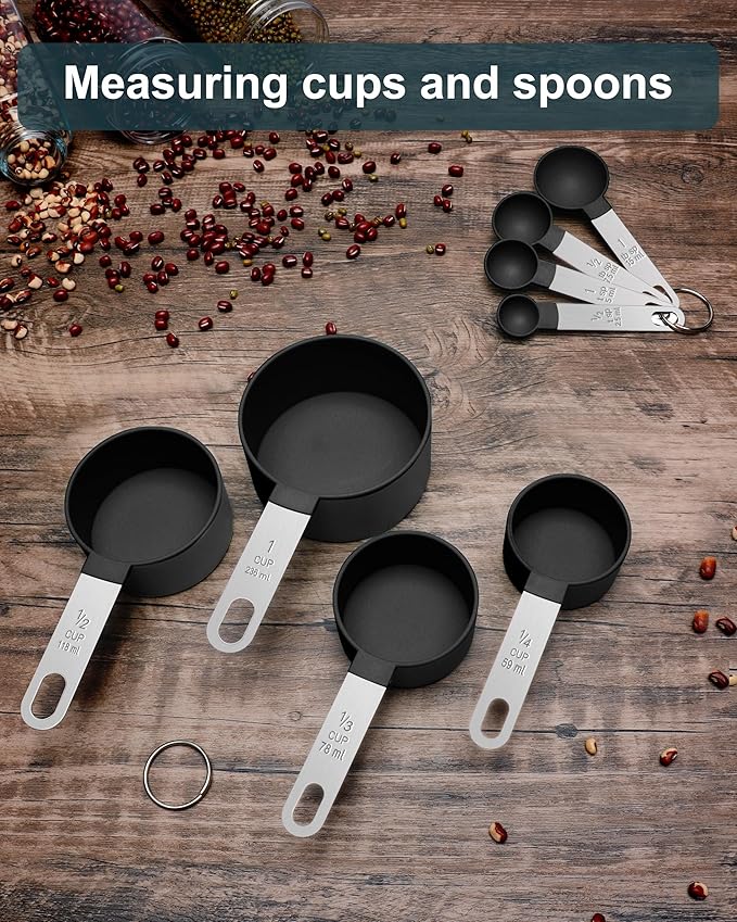 Measuring Cups and Spoons Set of 8 Pieces, nesting measuring cups for Measuring Dry or Liquid Ingredients, Stainless Steel Handle, Kitchen Gadgets for Cooking & Baking （Black）