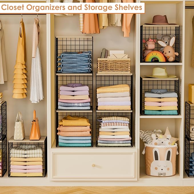 Hencawima 6 Pack Stackable Closet Organizers and Storage Basket, Closet Shelves with Wood Top, Clothes Storage Bin/Cube Organizer for Wardrobe, Space-Saving, Closet Organization, Black, Sturdy, Metal