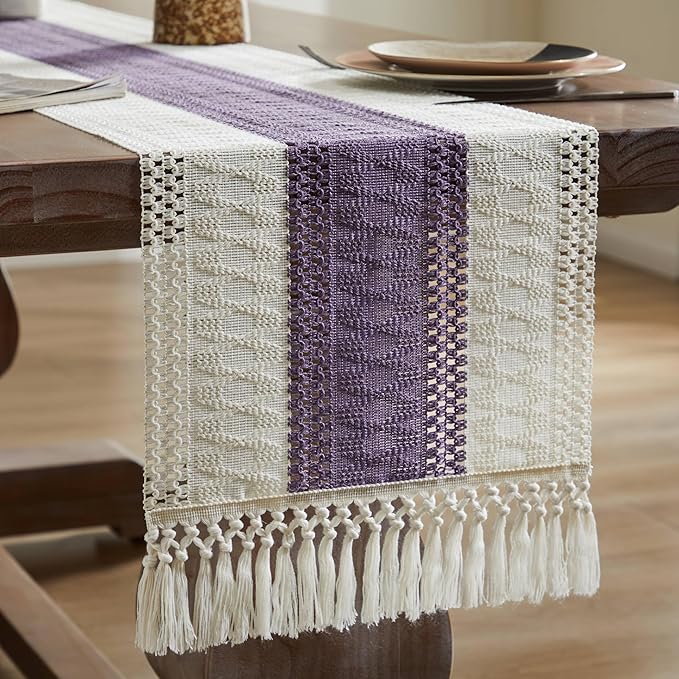 ZeeMart Macrame Style Bicolor Stitching Table Runner, 14 x 72 Inch Purple/Ivory, Boho Purple Table Runners 72 Inches Long, Farmhouse Woven Home Decor