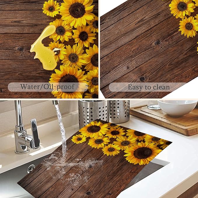 Sunflowers Wooden Placemats Set of 6,Washable Heat Resistant 12×18 Inch Linen Table Mats,Place Mats for Party Outdoor Dining Decor