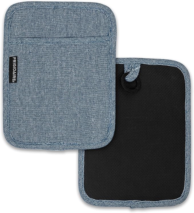 Frigidaire Sasha 2-Pack Cotton and Neoprene Pot Holders, Heat Resistant, Anti-Slip, Machine Washable, 7" x 9", Denim, Set of 2