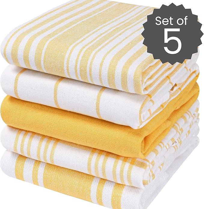 Cotton Clinic Assorted Kitchen Towels 5 Pack – Soft Absorbent Quick Drying Table & Kitchen Linen - Dish Towels, Dish Cloths, Tea Towel and Cleaning Towel with Hanging Loop – 16x28 / Yellow White