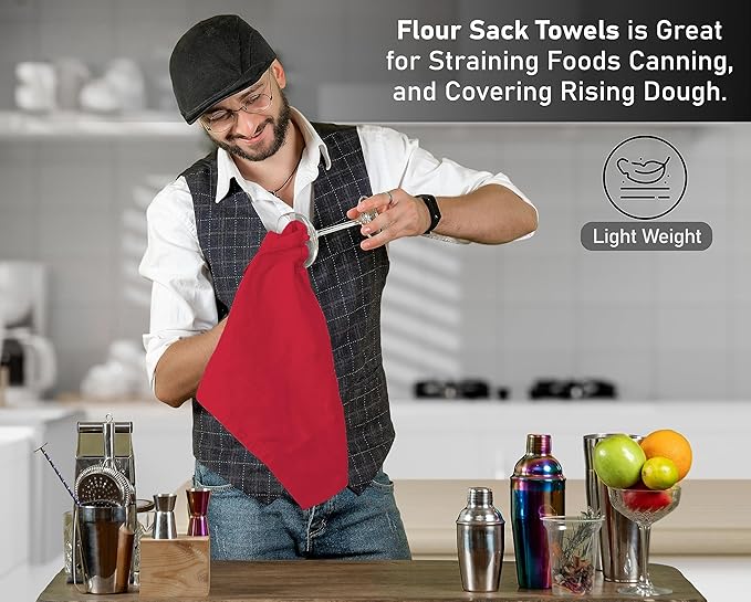 RUVANTI Flour Sack Towels 6 Pack 28x28 Inch, 100% Cotton Tea Towel, Reusable, Machine Washable, Absorbent BarTowels - Dish Cloth Perfect for Drying Dishes & Cleaning - Red