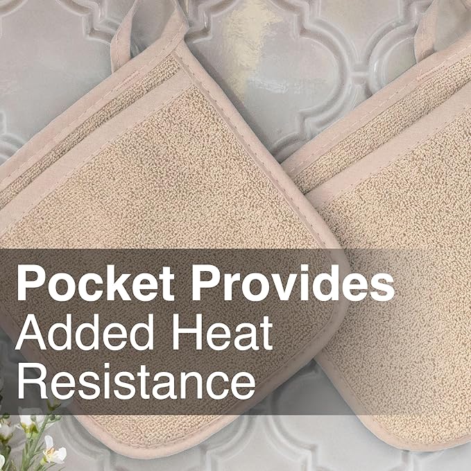 RITZ Terry Pocket Mitt & Hot Pad: Unparalleled Heat Resistant, Durable 100% Cotton – Ergonomically Designed for Optimal Grip – Easy-Care Machine Washable – 4-Pack, Latte
