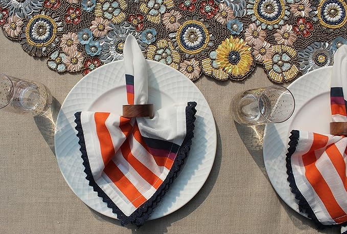 COTTON CRAFT Cloth Napkin - Set of 12 Pure Cotton Slub Harvest Orange Lace Trim Dinner Napkins - Fall Thanksgiving Xmas Holiday Table Celebration Festive Party Thick Washable Reusable Napkin -18x18