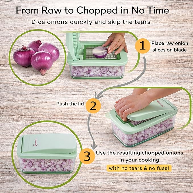 Brieftons QuickPush Food Chopper: Vegetable Dicer Slicer, Onion Cutter, 3 Extra-Large Blades with 200% More Cutting Area to Chop Dice Slice Vegetables, 2.6-Quart Container