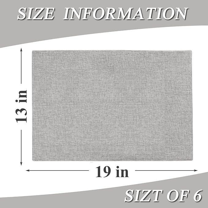 Linen Cloth Double Layers Placemats, Cotton Woven Placemats Set of 6, Kitchen Table Farmhouse Decor Heat Resistant Table Mats, Outdoor Indoor Square Fabric Place Mats Can be Washable (Light Gray)