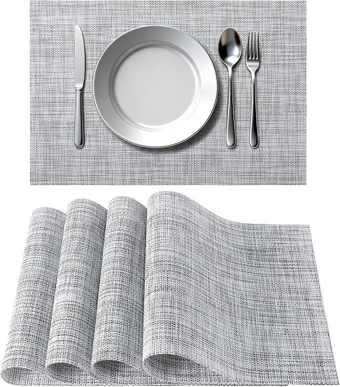 Timeet Placemats Set of 4, Heat Resistant Non-Slip Place Mats for Dining Table, Durable Washable PVC Vinyl Woven Table Mats, Linen Textured Placemats for Kitchen Resistant Easy to Clean(Gray