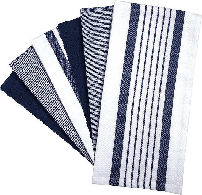 Premium Kitchen Towels (20”x 28”, 6 Pack) | Large Cotton Dish Towels | Flat & Terry Highly Absorbent Kitchen Linen Set with Hanging Loop | Navy Blue Striped