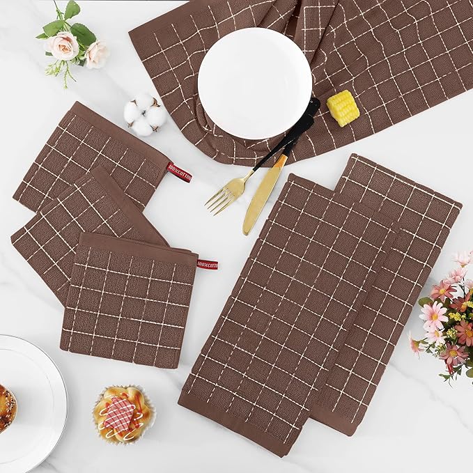 Homaxy Kitchen Towels and Dishcloths Set, 12 x 12 and 13 x 28 Inches, Set of 8 Bulk Cotton Terry Kitchen Towels Set, Checkered Designed, Soft and Super Absorbent Dish Cloths, Brown