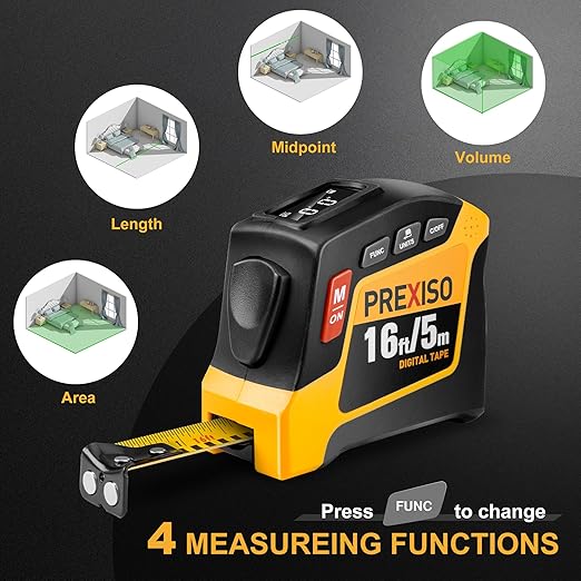 PREXISO 2-in-1 Digital Tape Measure - 16Ft Rechargeable Measuring Tape Ft/Ft+in/in/M/CM/MM - Metric & Inches Retractable Measurement Tape Tool with Auto Lock & Magnetic Tip - Pythagorean, Area, Volume
