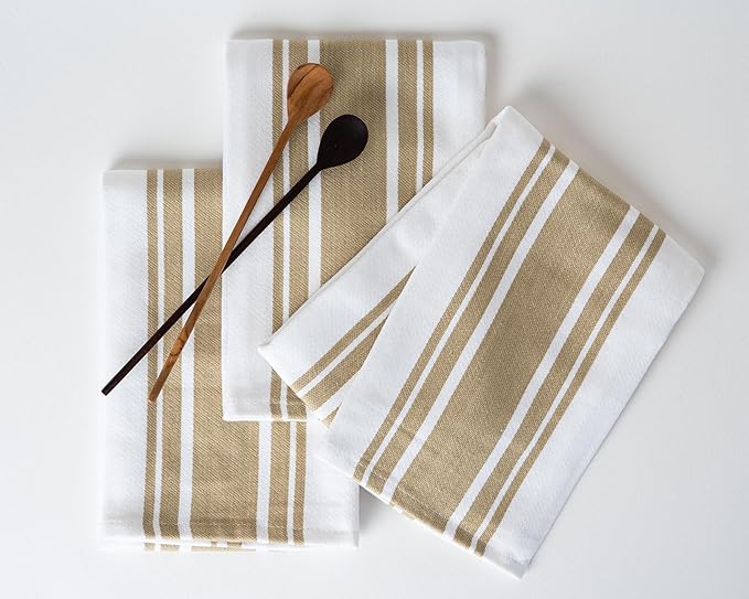 Kitchen Towels Set – Pack of 6 (20’’ x 30’’) Extra Large Premium Cotton Dish Towels for Kitchen – Absorbent – 100% Cotton – with Hanging Loop – Taupe Multi Design Striped