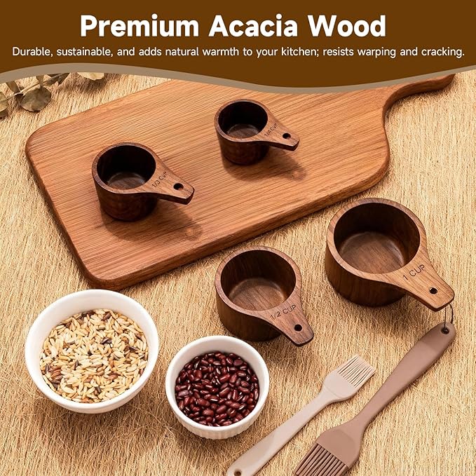 Wooden Measuring Cups and Spoons Set - Eco-Friendly Solid Acacia Wood, Laser Engraved Measurements, Perfect for Baking & Cooking - Ideal for Bakers (4-Pc Acacia Wood Measuring Cups)