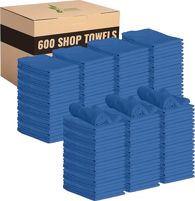 GREEN LIFESTYLE Shop Towels 12" x 14" 600 Pack - Blue Cotton Shop Towels, Cleaning Rags Bulk, Reusable Shop Rags, Absorbent Terry Cloth Towels for Garage, Automotive, Industrial and Housekeeping Use