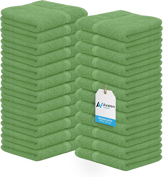 Avalon Towels Cotton Washcloths 24-Pack – 12 x 12 Inch Sage Green Super Soft & Absorbent Ring-Spun Cotton Wash Cloths for Face, Bath, Spa, Gym, Hotel & Cleaning