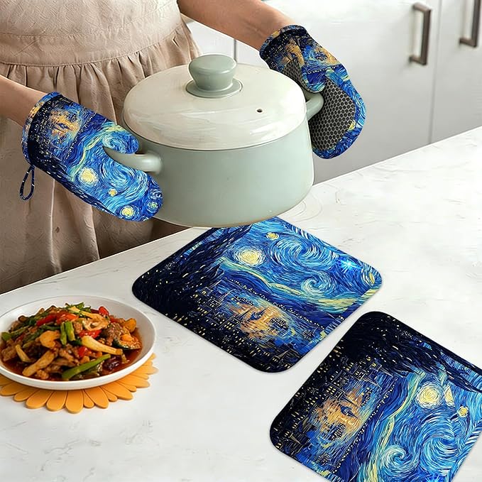 Starry Night Oven Mitts and Pot Holders Set of 4, Heat Resistant Non Slip Kitchen Gloves Hot Pads, Chef Cooking Baking Gifts for Women Bakers, Kitchen Gifts for Cooking Lover Cooks Mom
