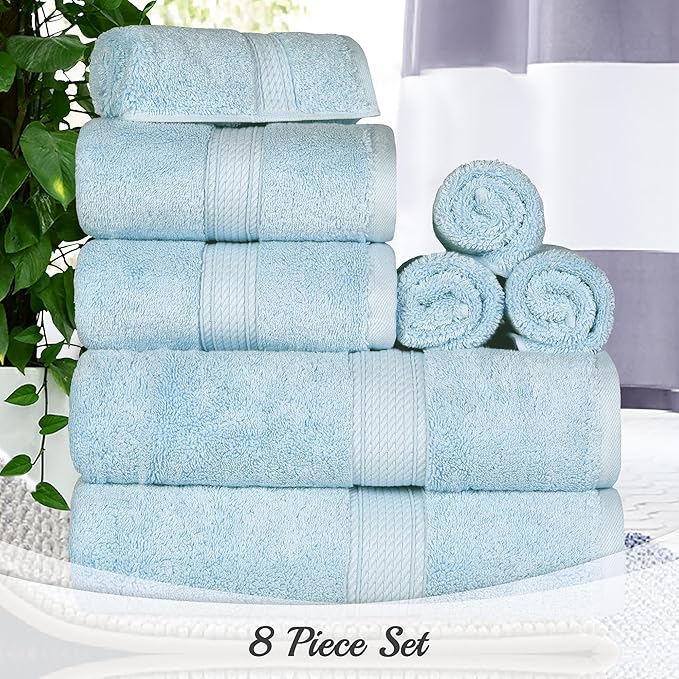 SUPERIOR Egyptian Cotton Pile 8 Piece Towel Set, Includes 2 Bath, 2 Hand, 4 Face Towels/Washcloths, Ultra Soft Luxury Towels, Thick Plush Essentials, Guest Bath, Spa, Hotel Bathroom, Light Blue