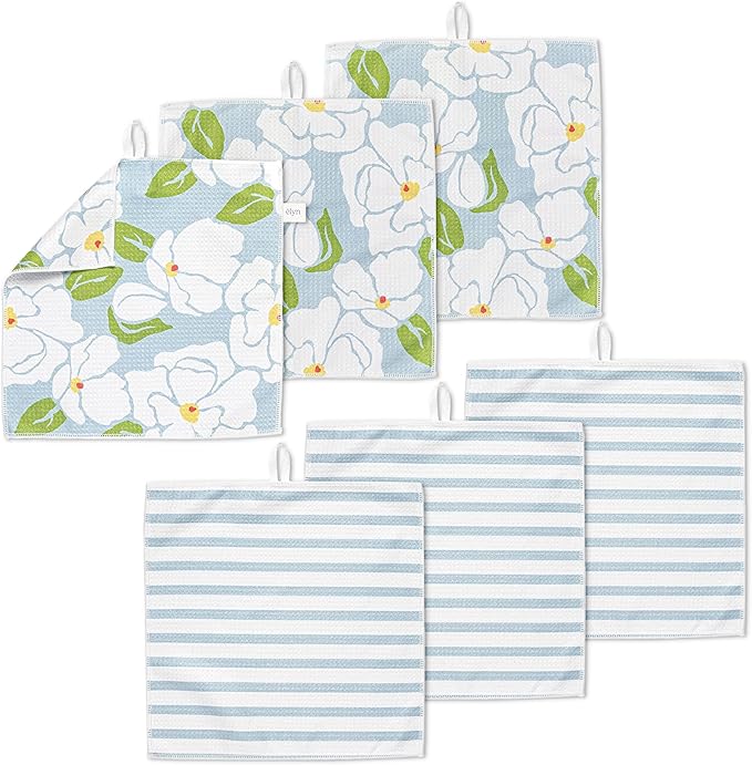 ELYN Microfiber Kitchen Dish Cloth Set, Quick-Dry & Absorbent Waffle Weave Cleaning Towels, Set of 6 Wash Cloths, Paper Towels & Sponge Alternative (Magnolias & Stripe)
