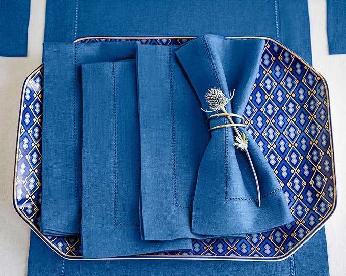 Solino Home Linen Napkins Set of 4 - Classic Hemstitch 100% Pure Linen Indigo Blue Dinner Napkins Cloth 20 x 20 Inch for Spring, Summer, Mothers Day - Handcrafted and Machine Washable