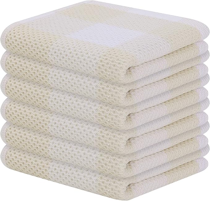 Mordimy 100% Cotton Waffle Weave Plaid Dish Cloths, 12 x 12 Inches, Super Soft and Absorbent Quick Drying Buffalo Check Dish Rags for Kitchen, 6-Pack, Beige & White