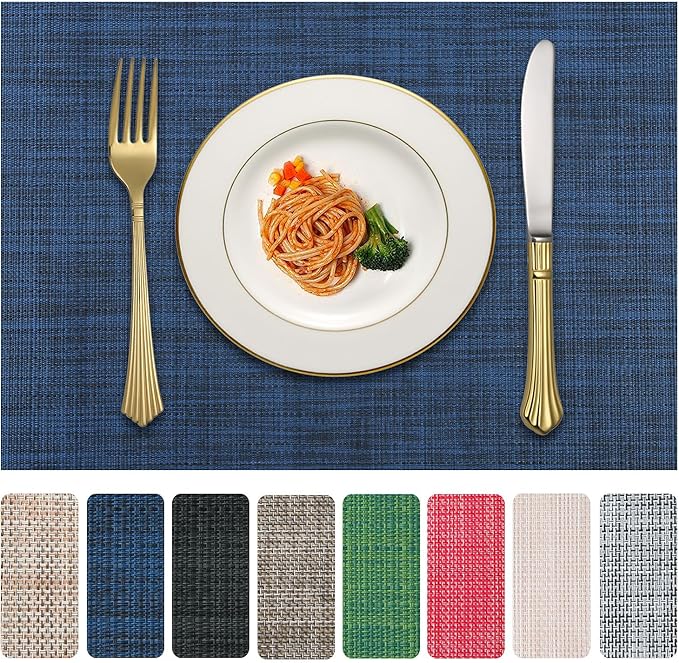 Vinyl Placemats Set of 6, PVC Woven Washable Non-Slip Table Mats, Heat Resistant Wrinkle Free Place Mats for Dining Table, Easy to Clean (6, Navy Blue)