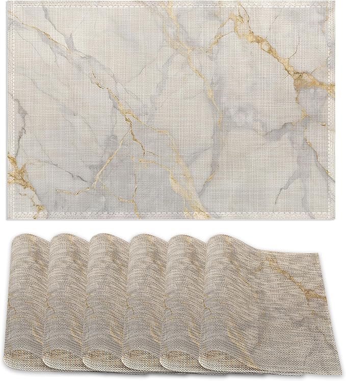 Placemats Set of 6,White Gold Marble Table Mats, Washable Linen Table Mats,Non-Slip Heat Resistant Placemats for Party Kitchen Dining Indoor Outdoor 12"x18"