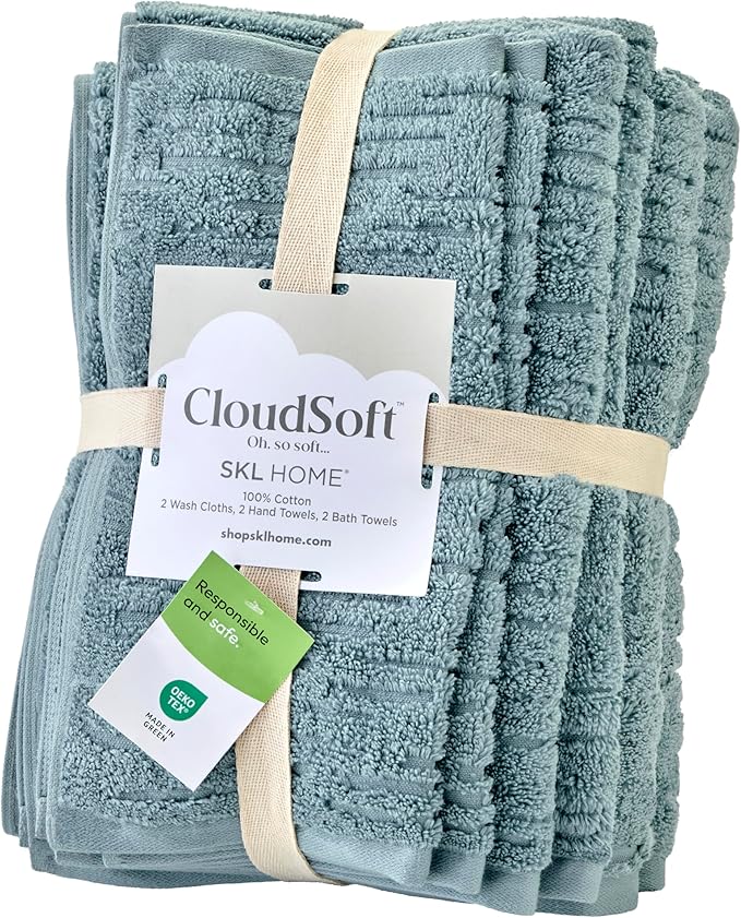 SKL Home CloudSoft 100% Cotton Luxury 6-Piece Towel Set, 600 GSM, Ultra Plush & Absorbent - 2 Bath Towels, 2 Hand Towels, 2 Washcloths, Teal