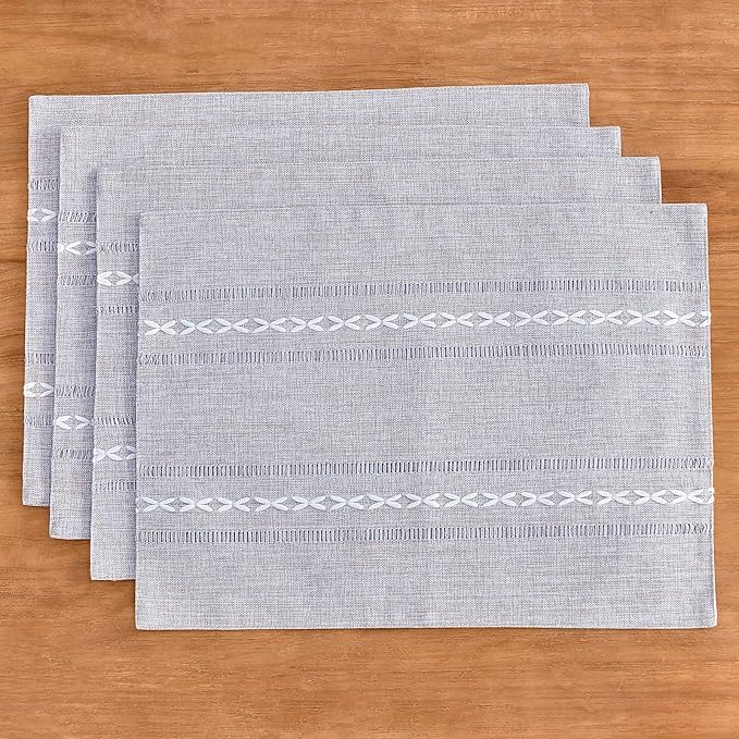 Wracra Cotton Linen Placemats, 12 x 18 Inch Set of 8 Placemats Rustic Hemstitch Place Mats for Kitchen Table and Heat Resistant-Hemstitch Grey