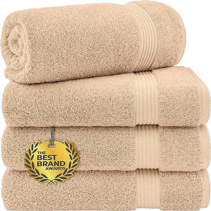 Cotton Paradise 4 Piece Turkish Bath Towels for Bathroom, Extra Large Soft Plush Towels Bathroom Set, Beige