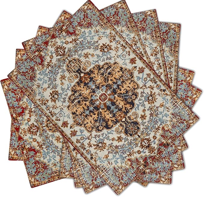 aportt Ethnic Boho Placemats Set of 6 Southwest Brown Blue Carpet Woven Texture Linen Washable Kitchen Dining Table Mats Stain Heat-Resistant Desktop Decor Place Mats for Home Party Indoor 12x18 in