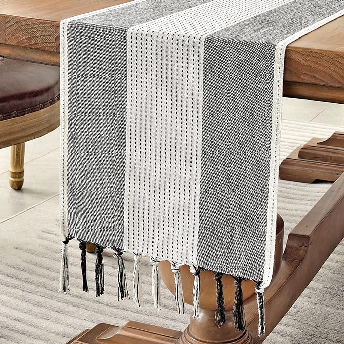 Wracra Linen Table Runner, Farmhouse Macrame Table Runners 108 Inches Long for Dining Table Decor, Wedding, Party and Dresser Decor (Black,108")