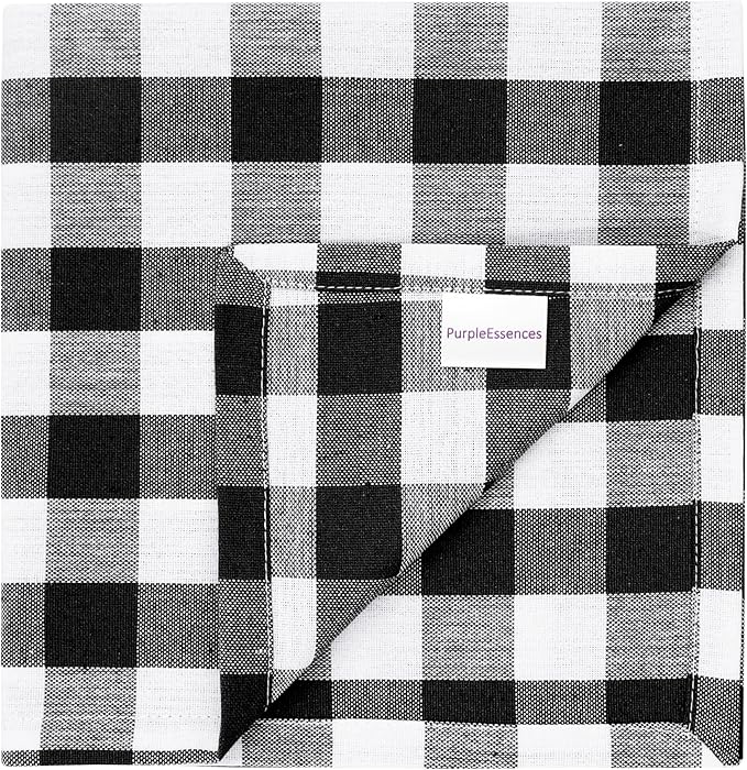 PurpleEssences Buffalo Plaid Cloth Napkins - Mitered Corners - Spring Easter Summer - Gingham Check Dinner Napkin - Set of 12-100% Cotton - 18x18 Inch - Reusable Washable - Black and White