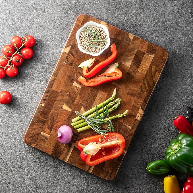 James.F End Grain Cutting Boards, Wooden Cutting Board for Kitchen with Side Handles, Acacia Wood Butcher Block Chopping Board for Meat Bread (13"x9"x1")