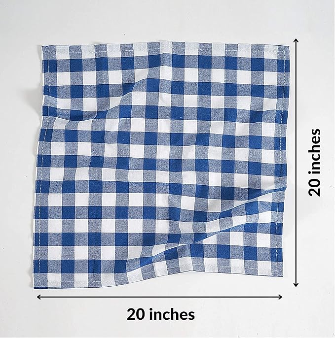 FINGERCRAFT Cloth Napkins, Everyday Use, Premium Quality, Cotton Buffalo Plaid, Set of 12, 20X20 Inch Oversized Napkins Cloth Mitered Corners, Soft, Durable Hotel Quality Blue White Checkered