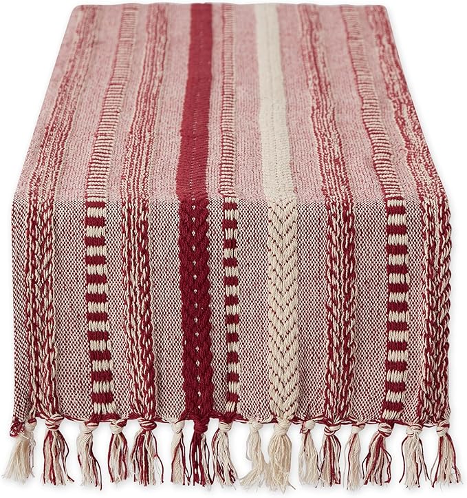 DII Farmhouse Braided Stripe Table Runner Collection, 15x108 (15x113, Fringe Included), Barn Red