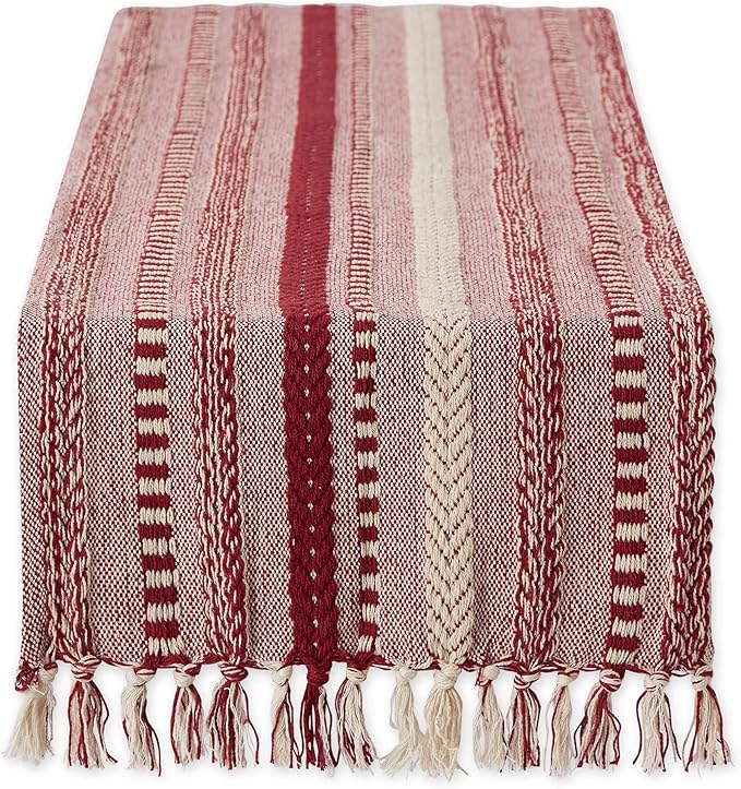 DII Farmhouse Braided Stripe Table Runner Collection, 15x72 (15x77, Fringe Included), Barn Red