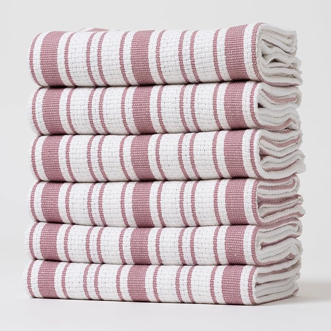 Kitchen Towels Set – Pack of 6 (20’’ x 30’’) Extra Large Premium Cotton Dish Towels for Kitchen – Basket Weave Towels – Absorbent – 100% Cotton – with Hanging Loop – Dark Pink