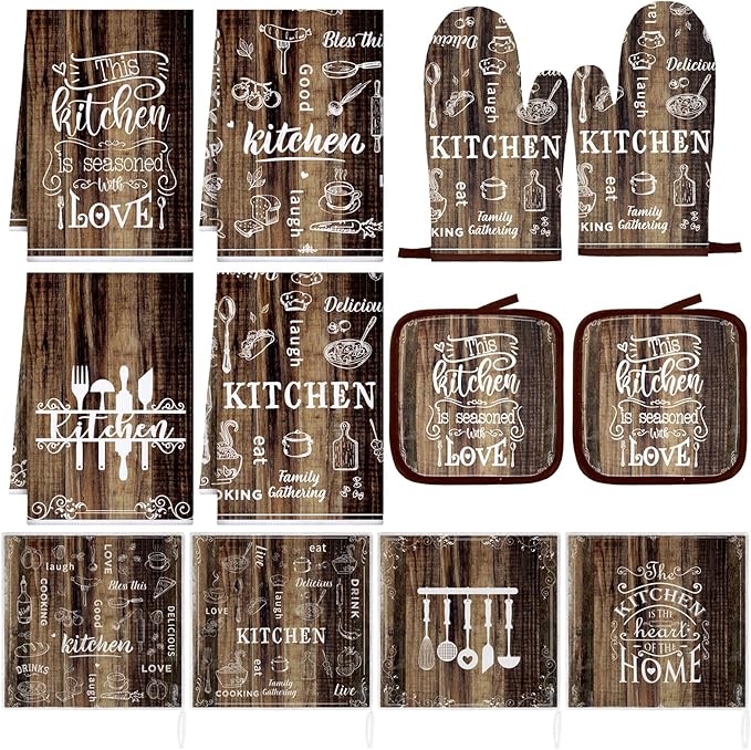 12 Pcs Farmhouse Kitchen Oven Mitts and Pot Holders Decor Sets 4 Wood Kitchen Hand Towels 4 Absorbent Dishcloths 2 Pot Holders 2 Oven Mitts Glove for Home Decorations Mom Baking Cooking Grilling Gift
