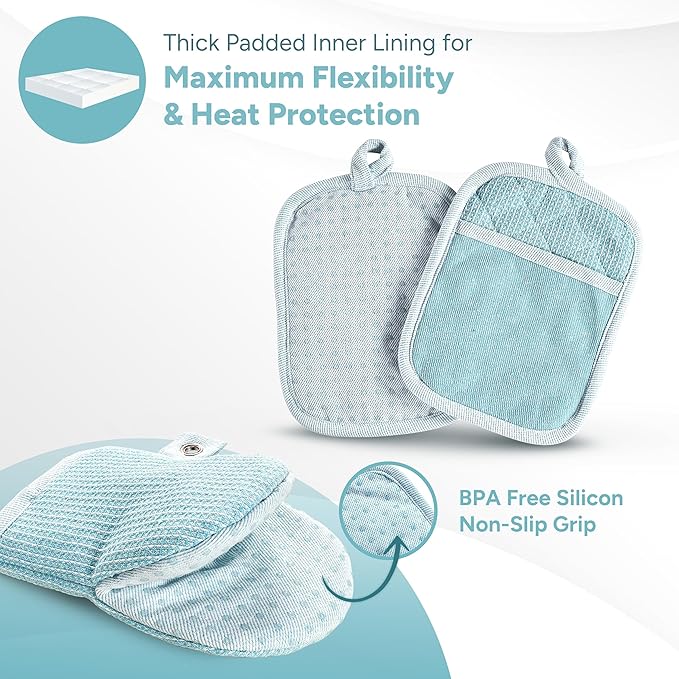 Casa Platino Oven Mitts and Pot Holders Sets, 8-Piece – 500°F Heat Resistant Mini Oven Mitt with Silicone Grip, Potholders for Kitchens, 2 Kitchen Towels & 2 Dish Cloths – Non-Slip & Durable – Aqua
