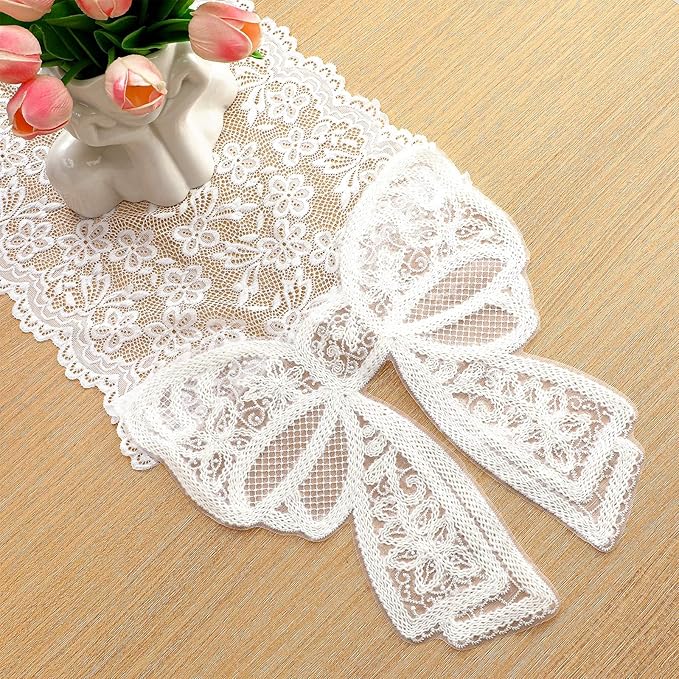 White Lace Table Runner with Big Bow Ends 12 x 71 Inch Vintage Rectangle Macrame Embroidered Runner French Style Tablecloth for Wedding Kitchen Dining Table Home Decor