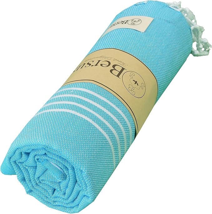 Bersuse Towels Anatolia XL Beach Blanket Throw Blanket Turkish Towel 100% Cotton Extra-Large Quick-Dry Lightweight Premium Peshtemal Towel - 61x82 Inches, Turquoise (Set of 3)