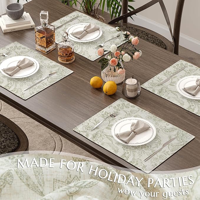 JINCHAN Linen Floral Placemats Set of 4 Cloth Table Mats Rustic Cottagecore Botanical Outdoor Seasonal for Kitchen Dining Table Decor Non-Slip Washable Tablemats 13x19 Inch Green