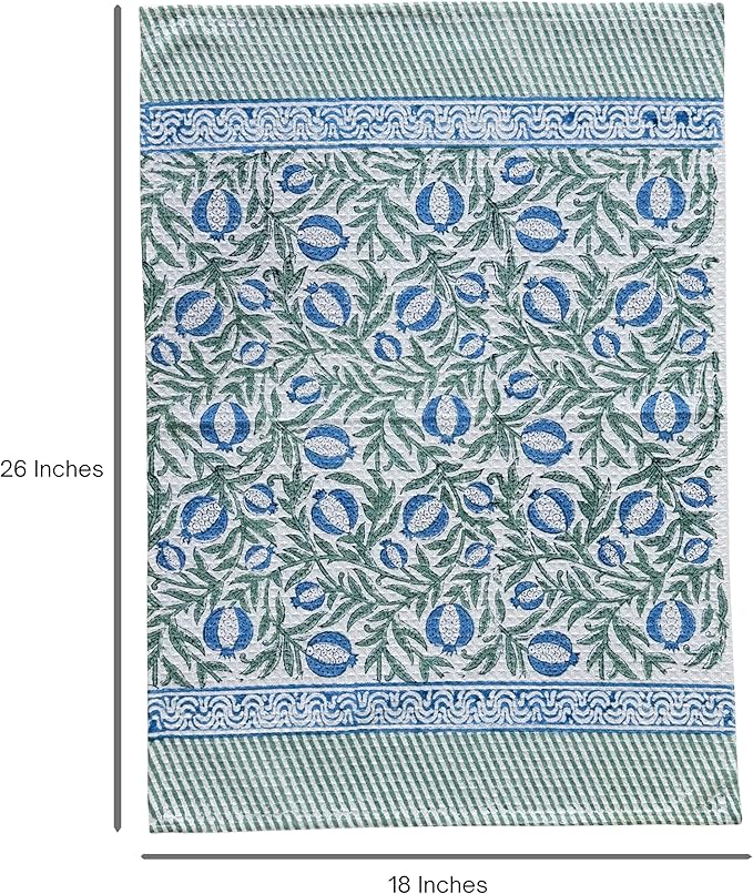 ATOSII 100% Cotton Hand Block Print Waffle Kitchen Towel, Set of 3, 18 x 26 Inches Ultra Absorbent Quick Dry Dish Towels, Lightweight Reusable Sustainable Tea Towels for Cleaning and Drying, Anar Blue